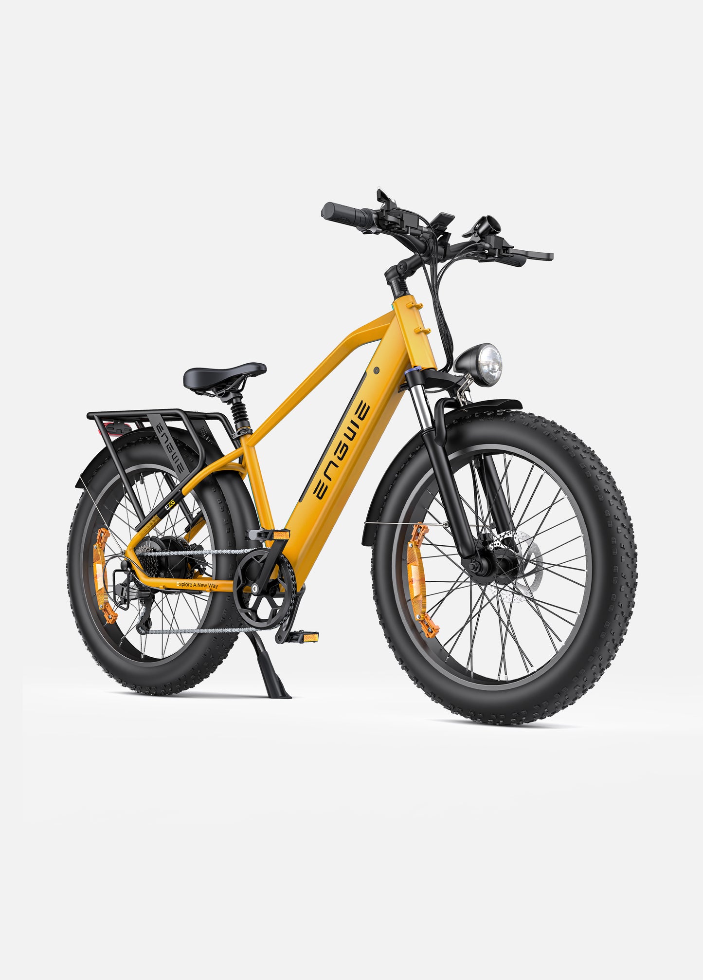 Engwe E26 yellow fat tyre electric cargo bike – high step electric bicycle ideal for commuting and adventure riding, available at Volt Ventures