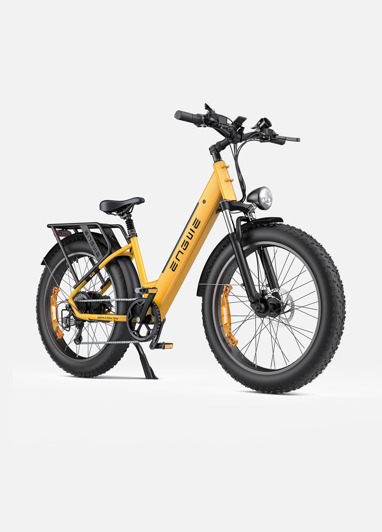 Engwe E26 Step-Thru Fat Tyre Electric Cargo Bike in Yellow – Stylish step-through e-bike with fat tyres and cargo-ready design – Volt Ventures