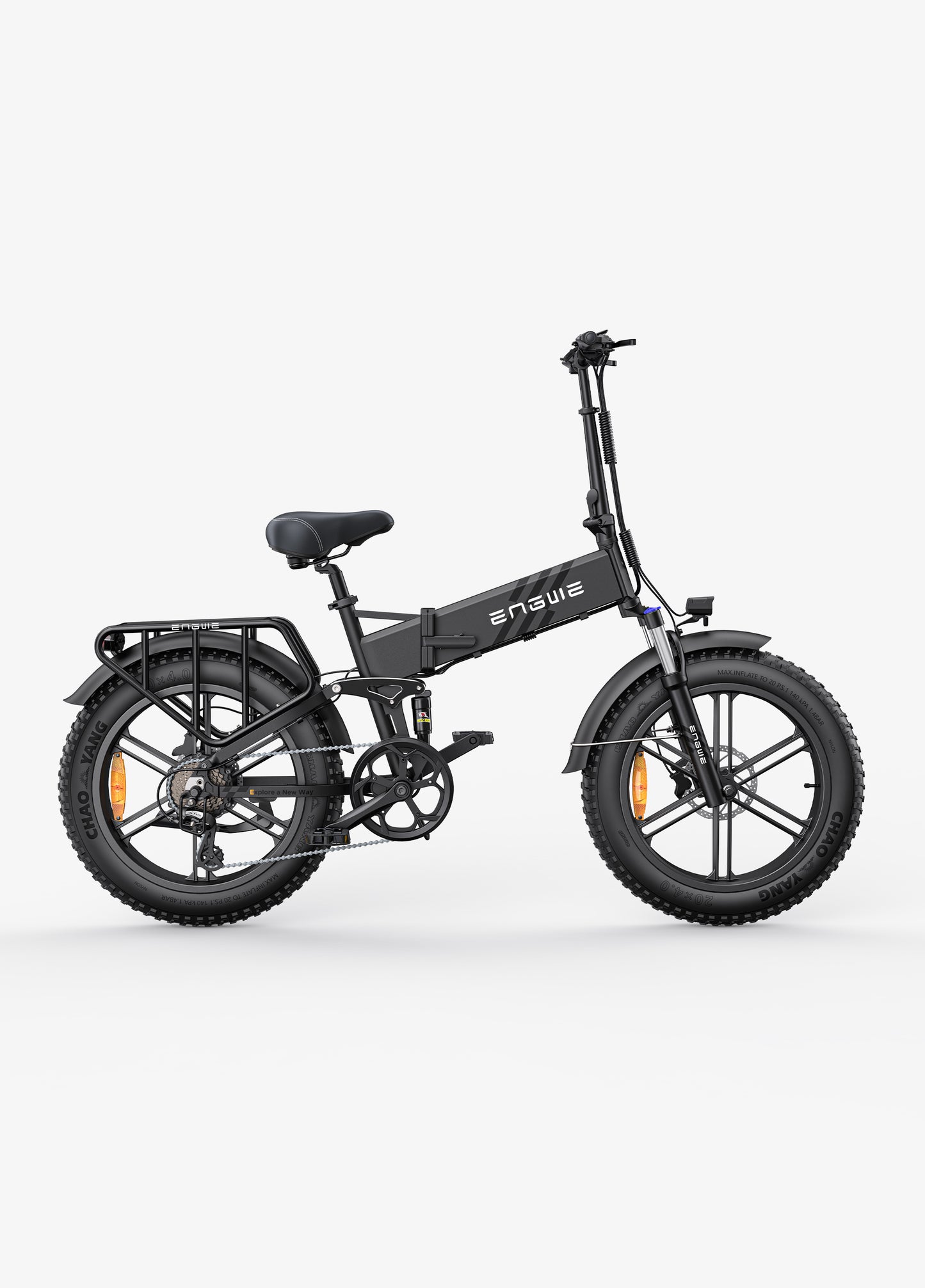 Engwe Engine Pro 2.0 black fat tyre cargo foldable electric bike – powerful dual-suspension e-bike for rugged terrain and urban use, available at Volt Ventures