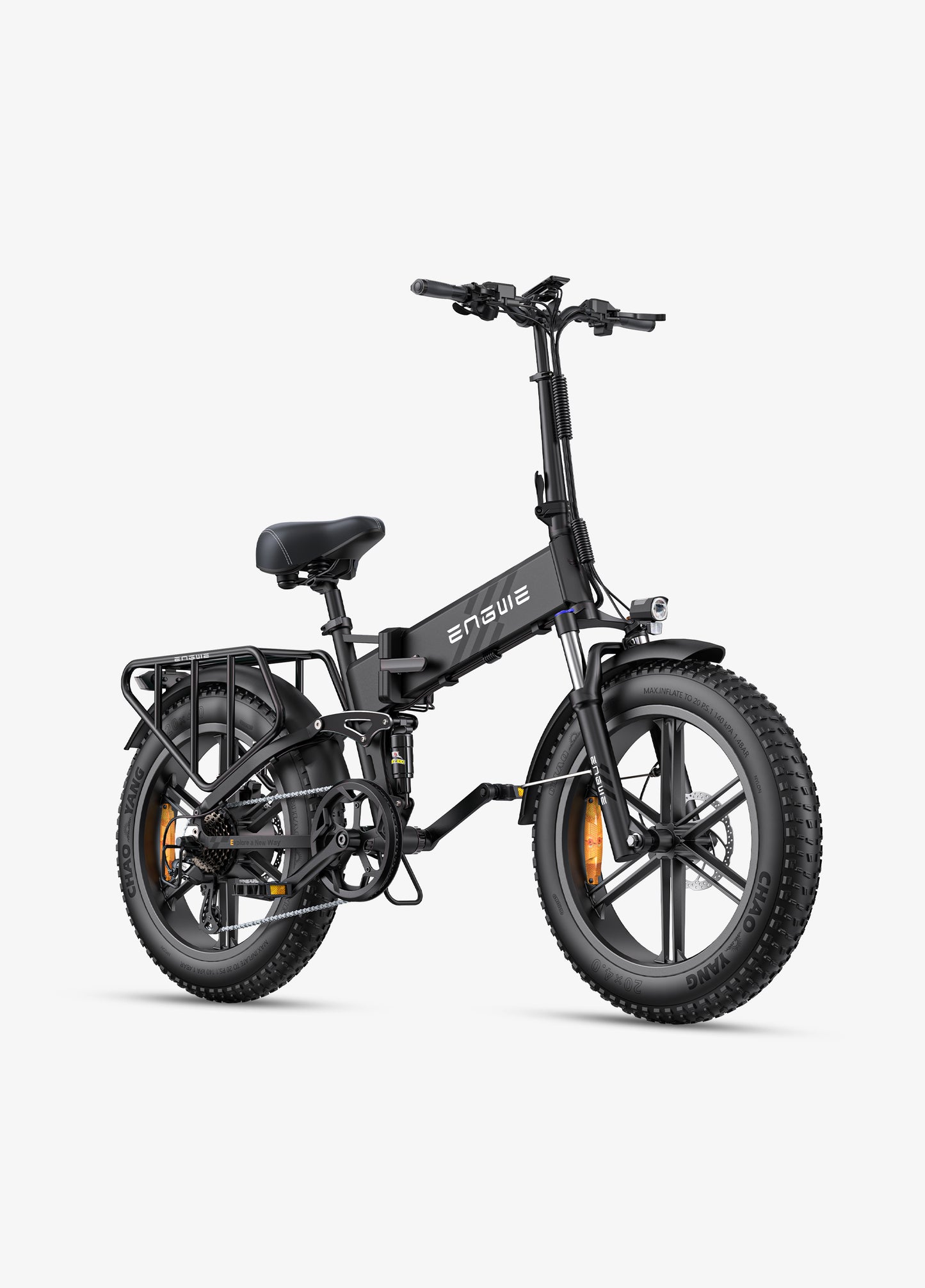 Engwe Engine Pro 2.0 black fat tyre cargo foldable electric bike – powerful dual-suspension e-bike for rugged terrain and urban use, available at Volt Ventures
