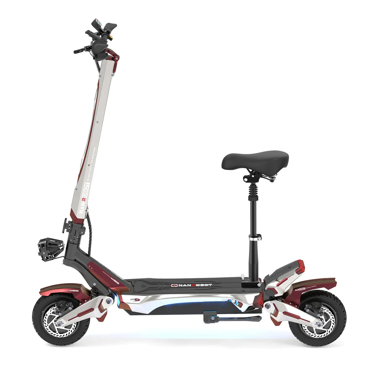 Nanrobot N6 red and chrome seated electric scooter – powerful off-road e-scooter with dual motors and long range – Volt Ventures