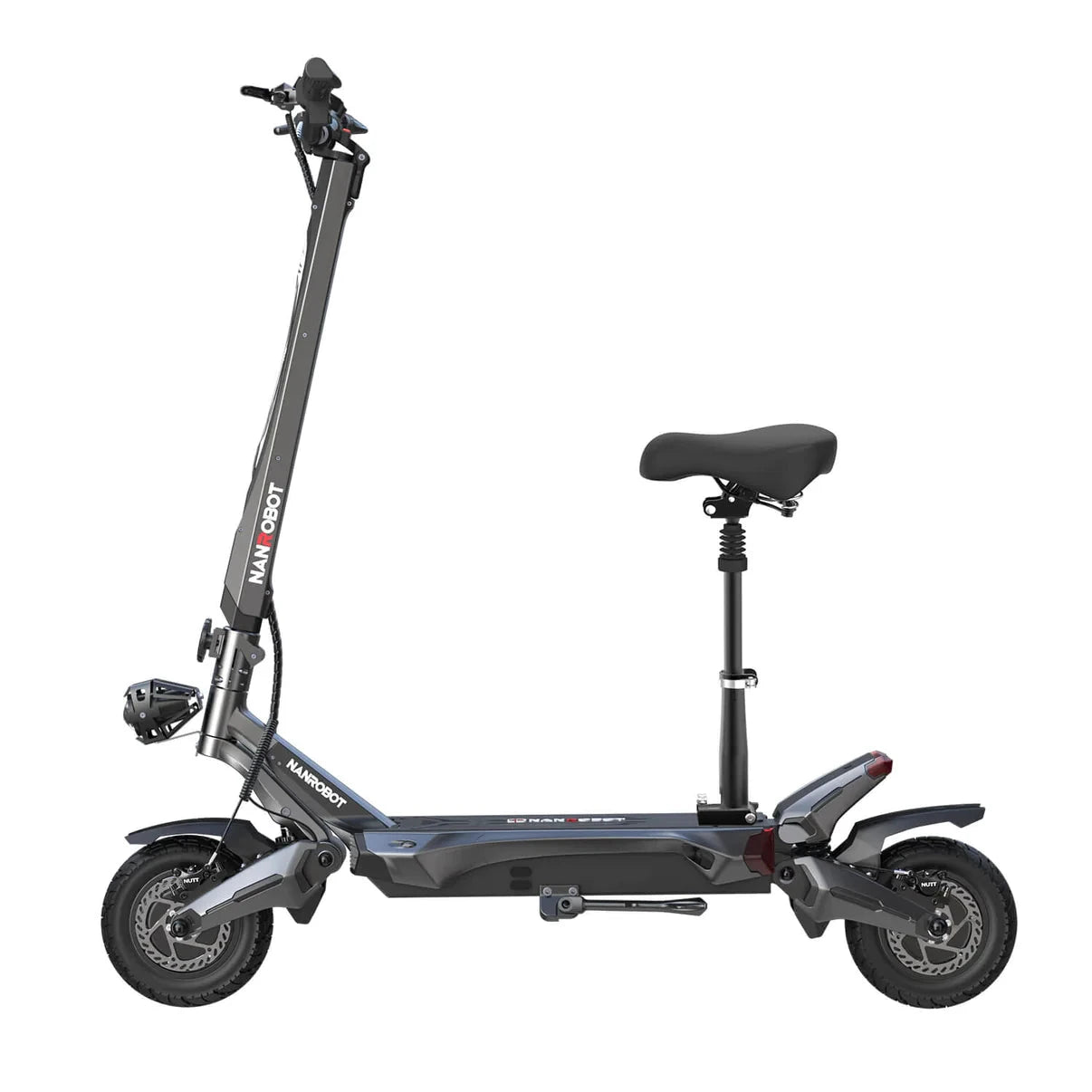 Nanrobot N6 seated electric scooter black and grey – long-range e-scooter with comfortable seat, dual suspension, and rugged design – Volt Ventures
