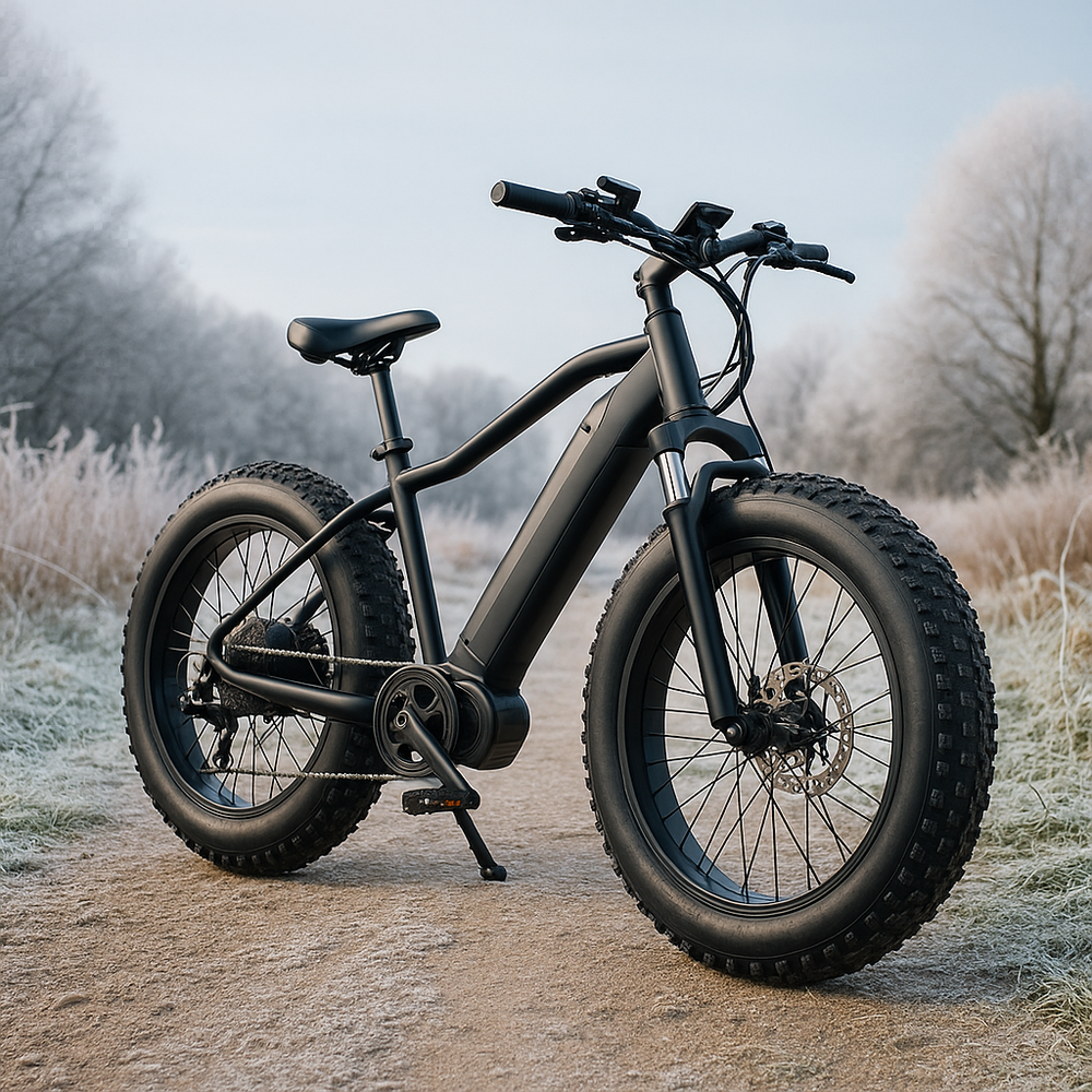 Fat tyre electric bike on a frosty winter trail, showing wide tyres, high grip and all-terrain stability — Volt Ventures UK