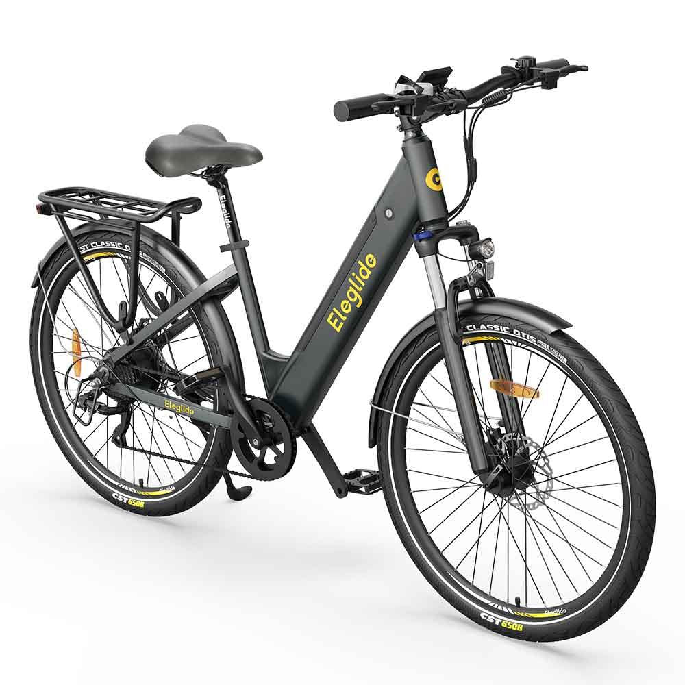 Eleglide T1 step-through electric bike with low frame, rear rack, suspension fork, and 250W motor – Volt Ventures
