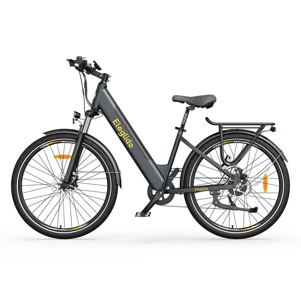Eleglide T1 step-through electric bike with low frame, rear rack, suspension fork, and 250W motor – Volt Ventures