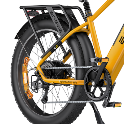 Engwe E26 yellow fat tyre electric cargo bike – high step electric bicycle ideal for commuting and adventure riding, available at Volt Ventures