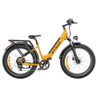 Engwe E26 Step-Thru Fat Tyre Electric Cargo Bike in Yellow – Stylish step-through e-bike with fat tyres and cargo-ready design – Volt Ventures

