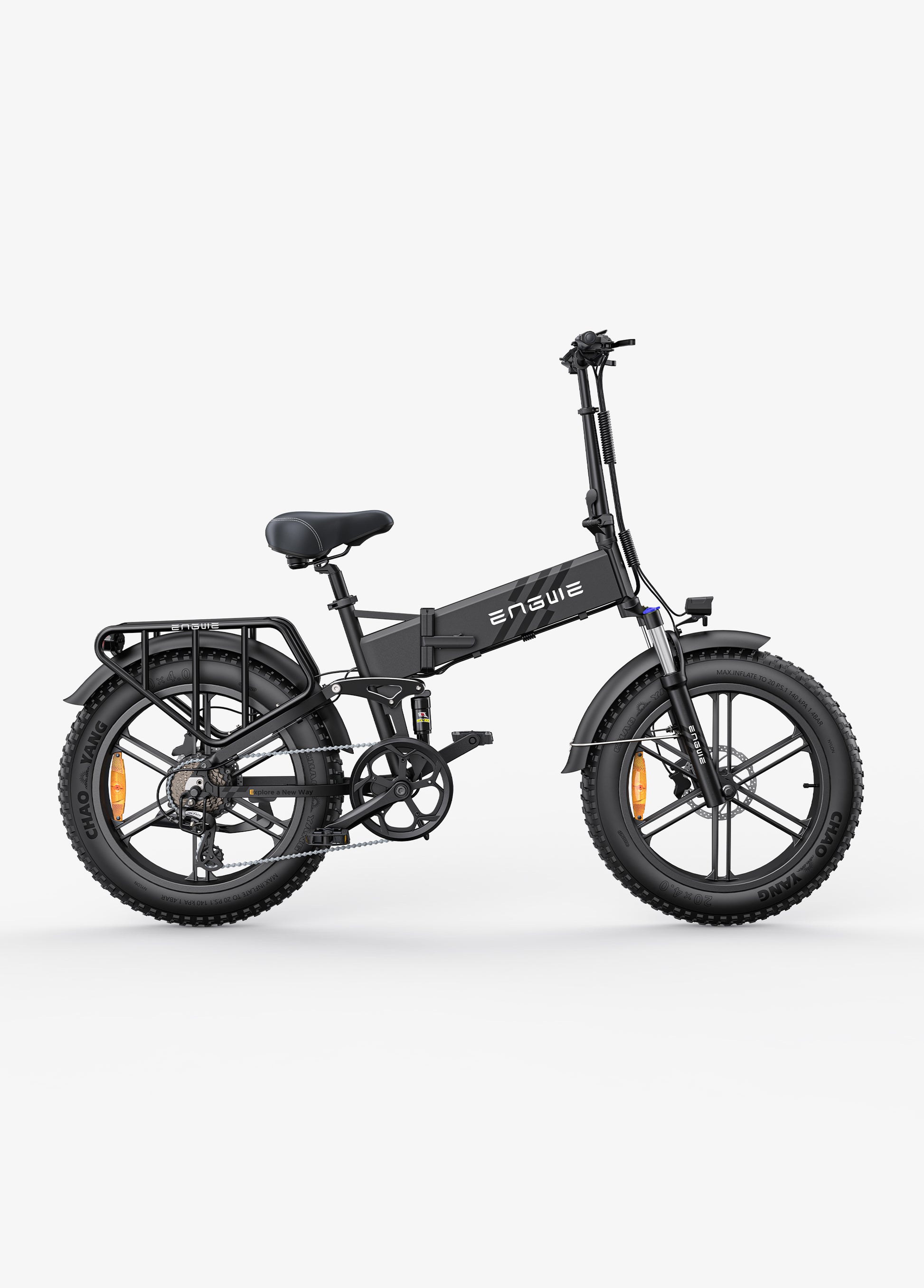Engwe Engine Pro 2.0 black fat tyre cargo foldable electric bike – powerful dual-suspension e-bike for rugged terrain and urban use, available at Volt Ventures