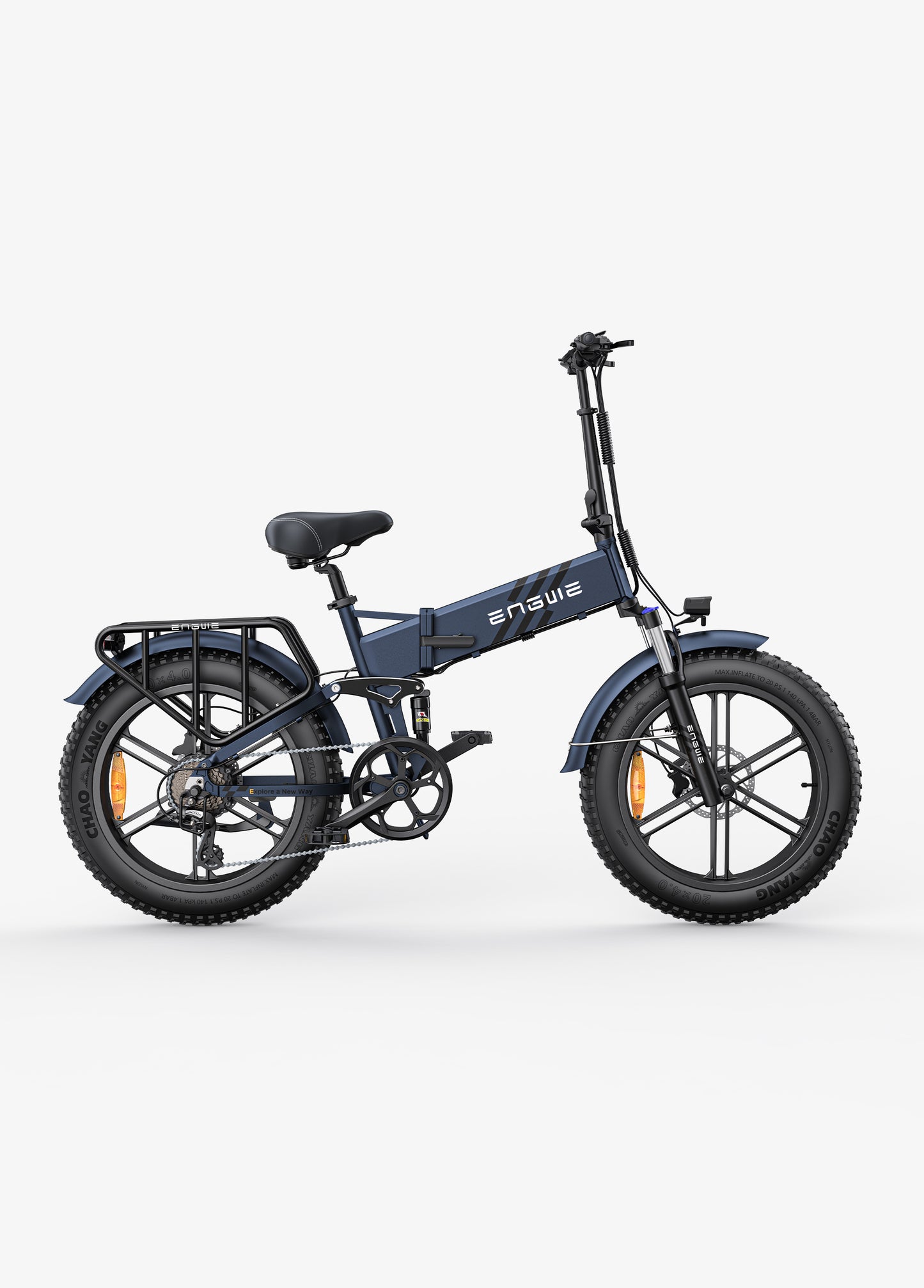 Engwe Engine Pro 2.0 blue fat tyre cargo foldable electric bike – feature-packed all-terrain e-bike with rear rack and full suspension from Volt Ventures