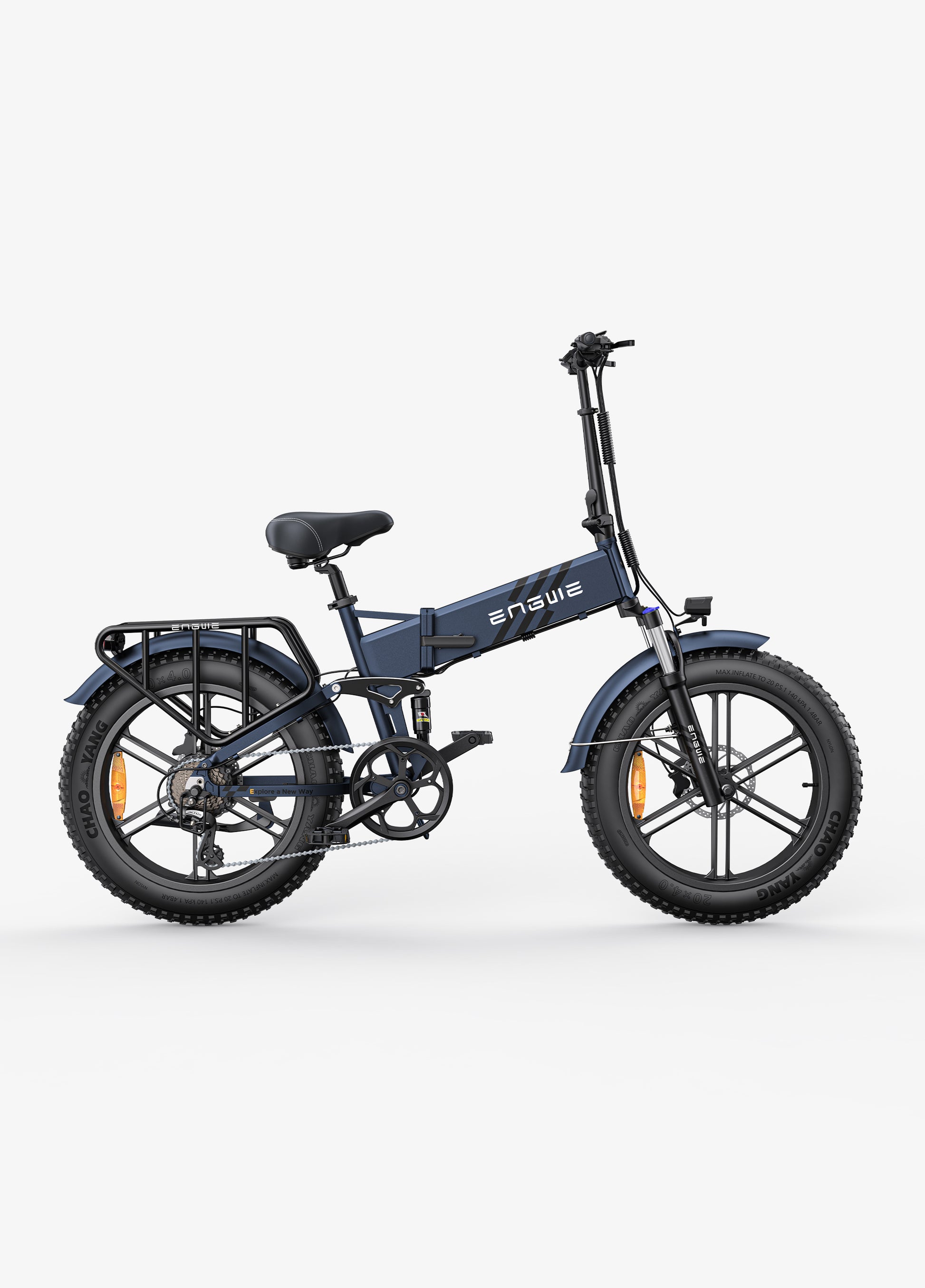 Engwe Engine Pro 2.0 blue fat tyre cargo foldable electric bike – feature-packed all-terrain e-bike with rear rack and full suspension from Volt Ventures