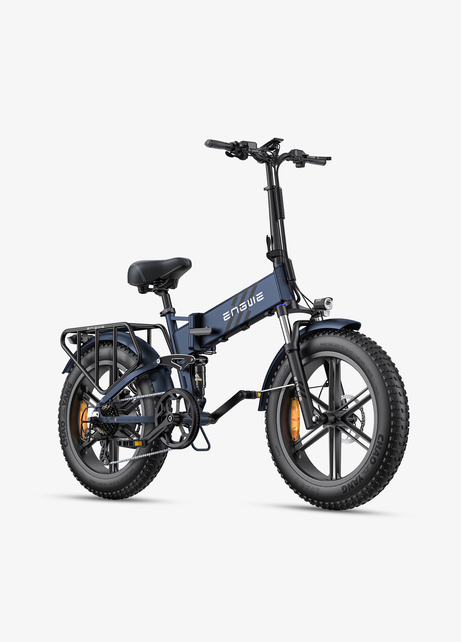Engwe Engine Pro 2.0 blue fat tyre cargo foldable electric bike – feature-packed all-terrain e-bike with rear rack and full suspension from Volt Ventures