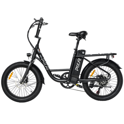 Black electric bicycle with 'PIXAR' branding on a white background