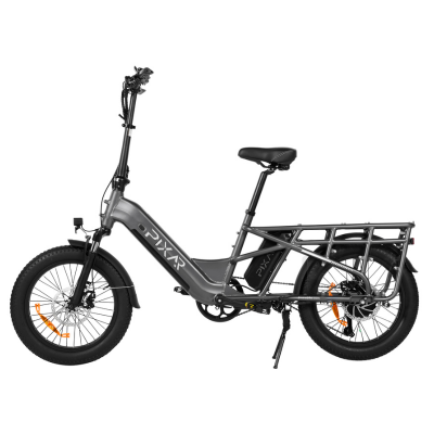 Gray electric bike with 'PIXAR' branding on a white background