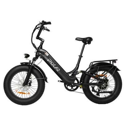 Black electric bike with 'PIXAR' branding on a white background