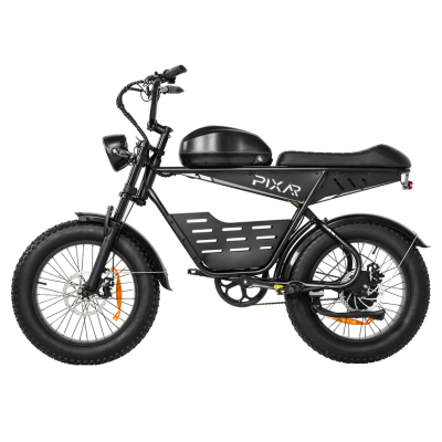 Black electric bike with 'PIXAR' branding on a white background