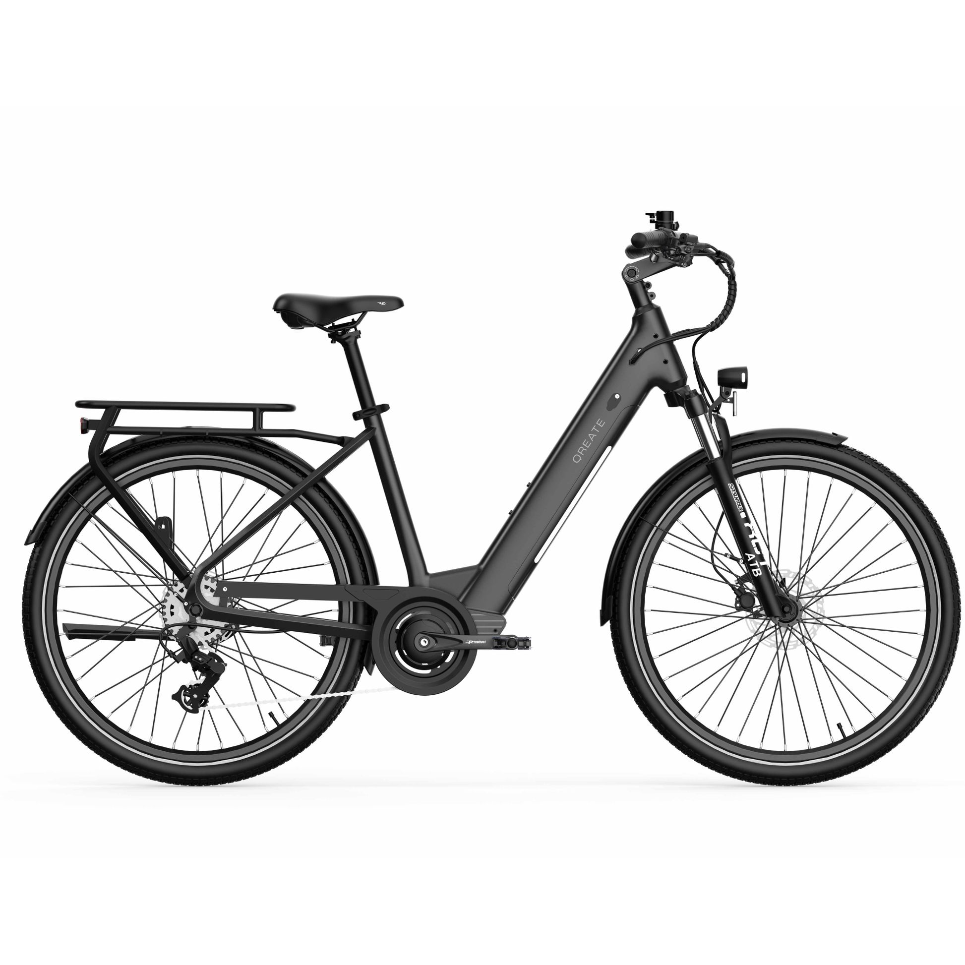 Qreate City Pro electric bike in black, comfortable electric city bike for everyday UK riding from Volt Ventures