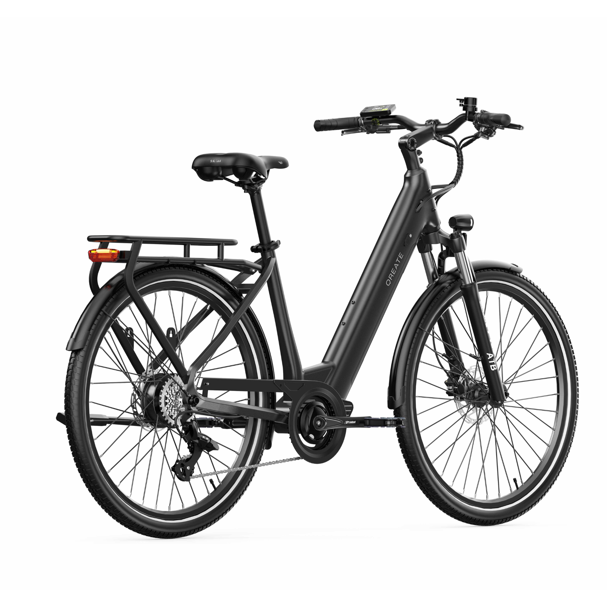 Qreate City Pro electric bike in black, comfortable electric city bike for everyday UK riding from Volt Ventures