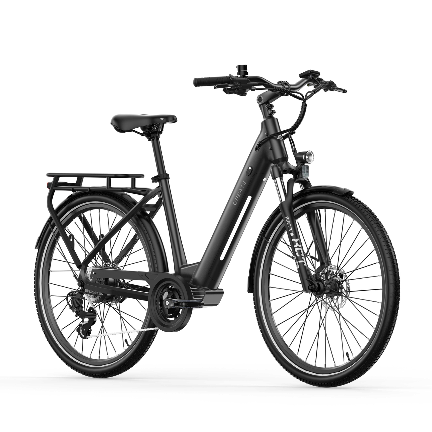 Qreate City Pro electric bike in black, comfortable electric city bike for everyday UK riding from Volt Ventures