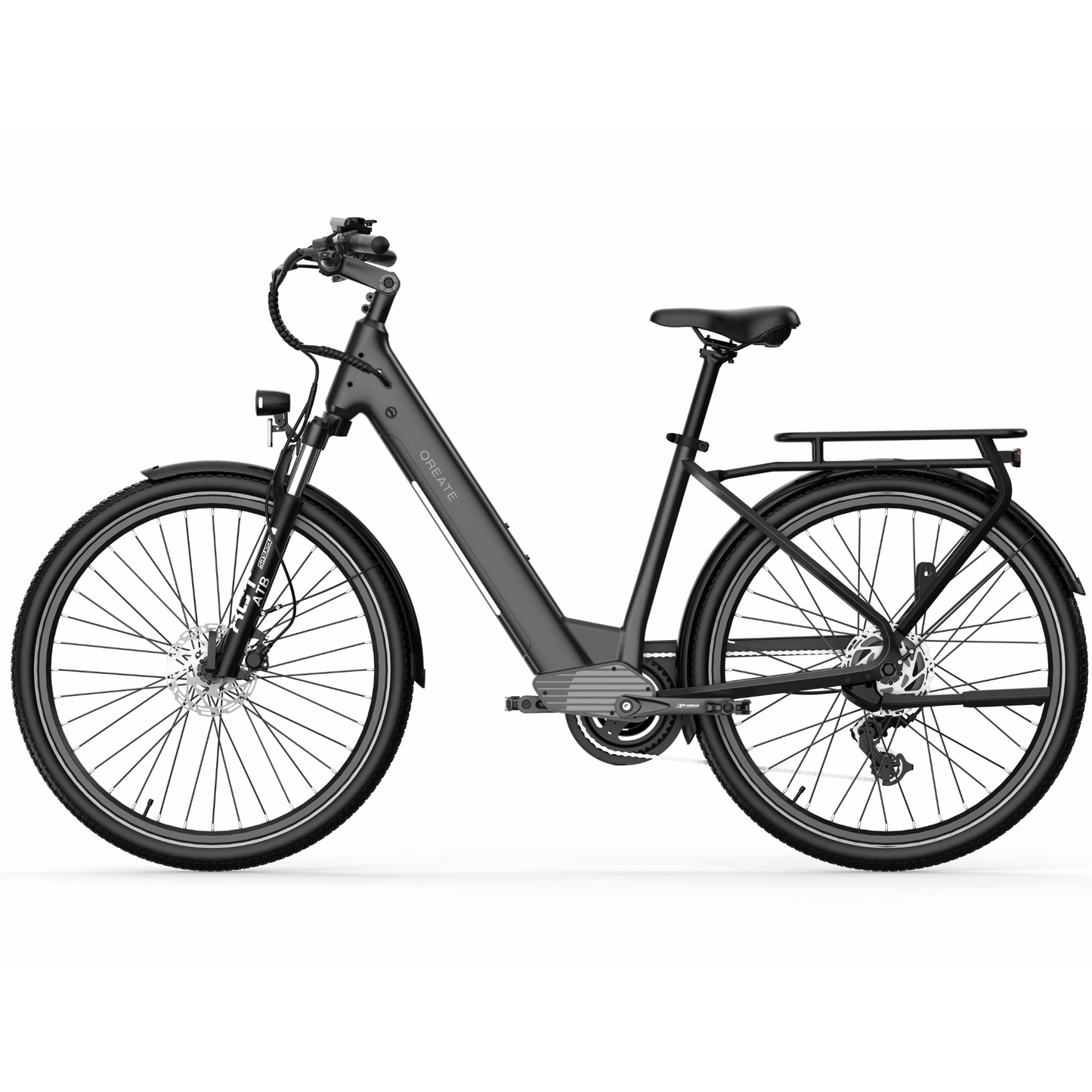 Qreate City Pro electric bike in black, comfortable electric city bike for everyday UK riding from Volt Ventures
