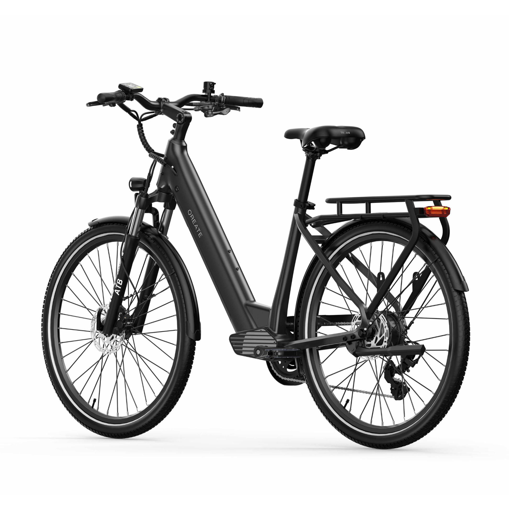 Qreate City Pro electric bike in black, comfortable electric city bike for everyday UK riding from Volt Ventures